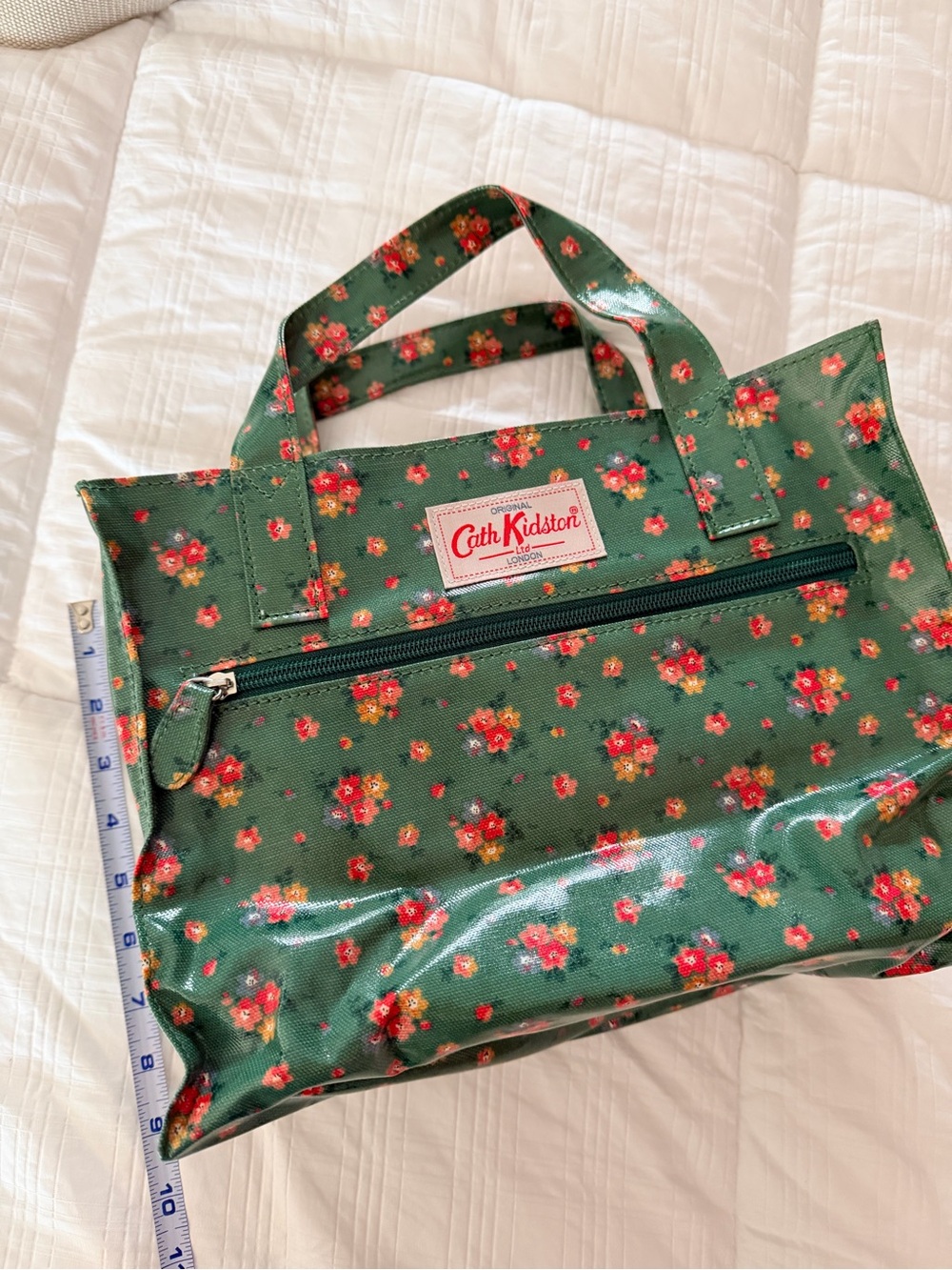 Cath Kidston Green Floral Oilcloth Tote with Red and Pink Blossoms